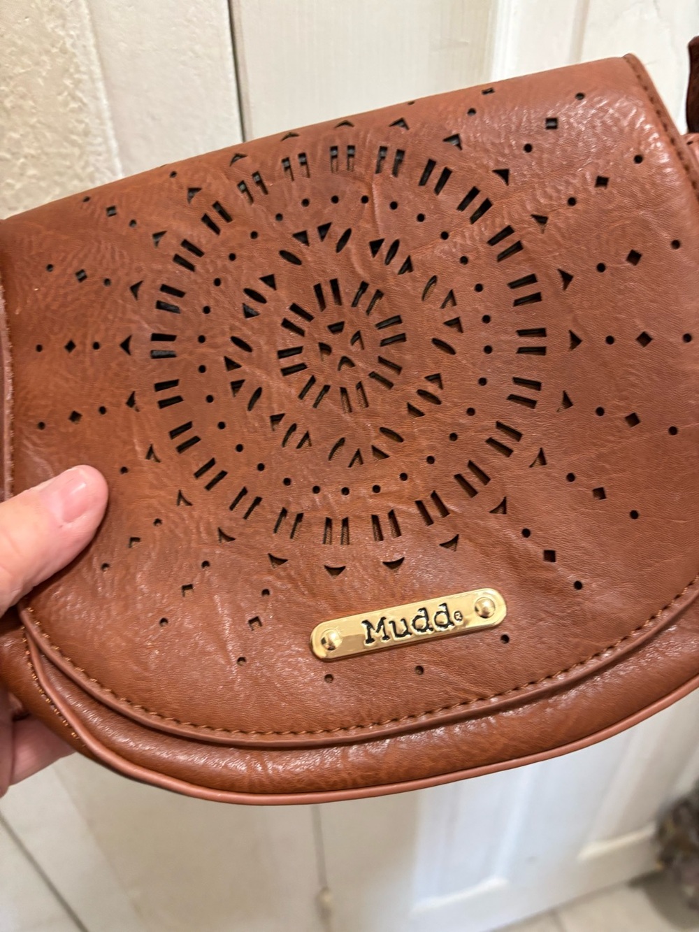Mudd Tan Laser-Cut Flap Crossbody with Gold Plaque